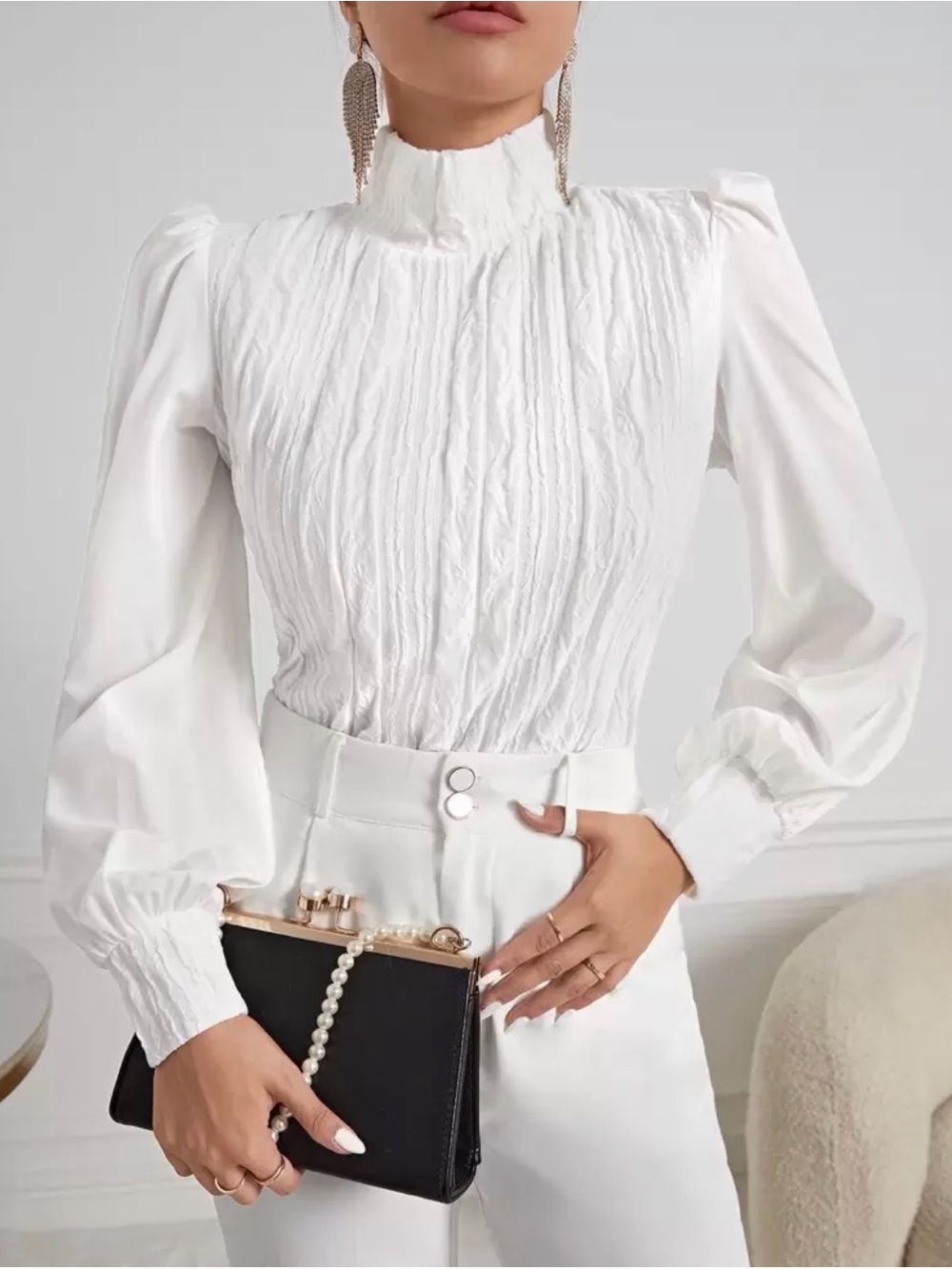 SHEIN White High-Neck Puff Sleeve Blouse - Picture 1 of 3